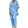 thumbnail image 1 of Dyegold 2 Piece Outfits For Women Casual Cotton Linen Long Sleeve Button Down Shirt Wide Leg Pants Lounge Set Streetwear, 1 of 8