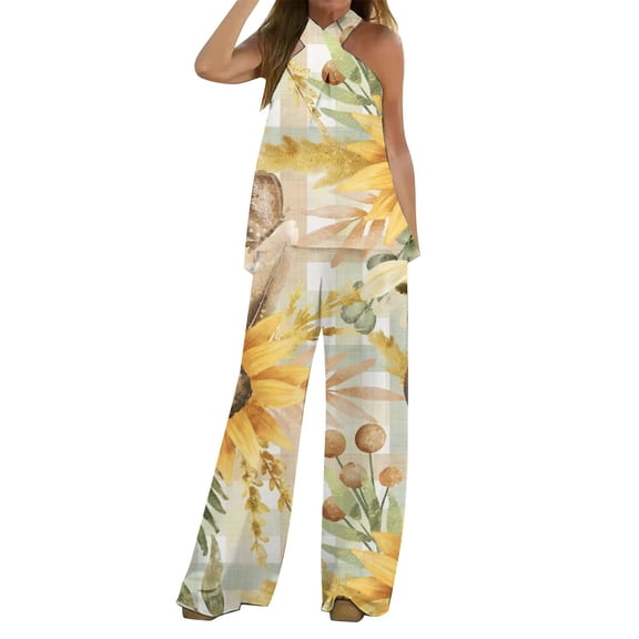 Dyegold 2 Piece Outfits For Women Casual Summer Crossover Halter Neck Sleeveless Tank Tops Loose Wide Leg Pants Palazzo Sets