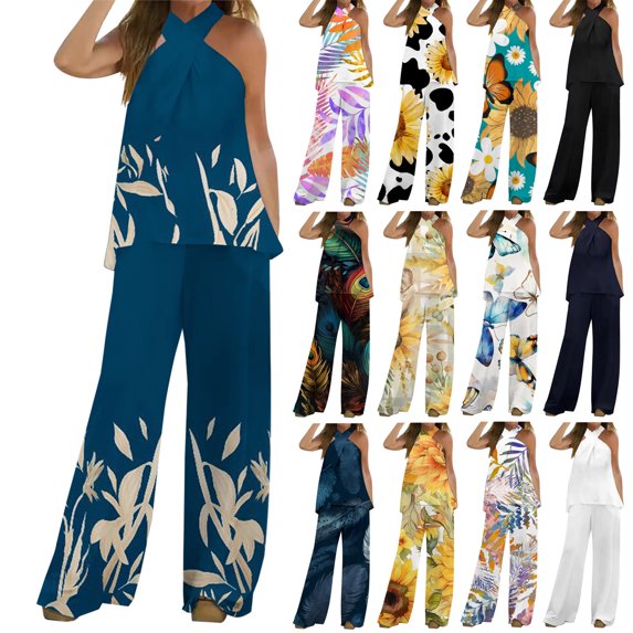 Dyegold 2 Piece Outfits For Women Casual Summer Crossover Halter Neck Sleeveless Tank Tops Loose Wide Leg Pants Palazzo Sets