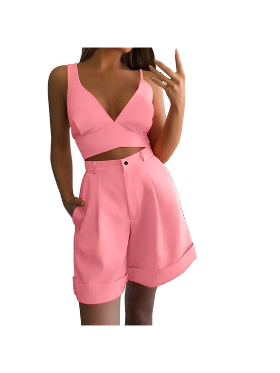 2 Piece Outfits For Women Summer Crop Tops Wide Leg Shorts Suit Two Piece Lounge Matching Sets Trendy Vacation Sets