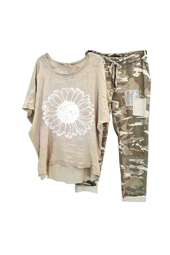 Dyegold 2 Piece Outfits For Women Summer Plus Size Half Sleeve Blouse And Shorts Set Comfy Camouflage Pants Tracksuit Set