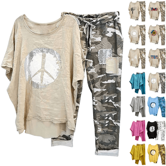 Dyegold 2 Piece Outfits For Women Summer Plus Size Half Sleeve Blouse And Shorts Set Comfy Camouflage Pants Tracksuit Set