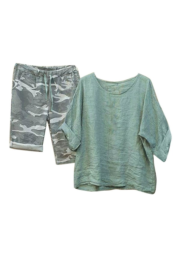 Dyegold 2 Piece Outfits For Women Summer Plus Size Half Sleeve Blouse And Shorts Set Comfy Camouflage Pants Tracksuit Set