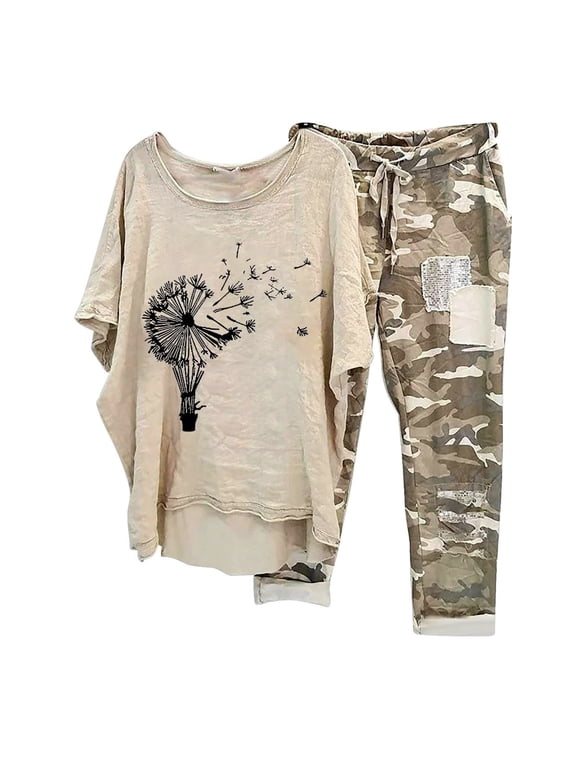 Dyegold 2 Piece Outfits For Women Summer Plus Size Half Sleeve Blouse And Shorts Set Comfy Camouflage Pants Tracksuit Set