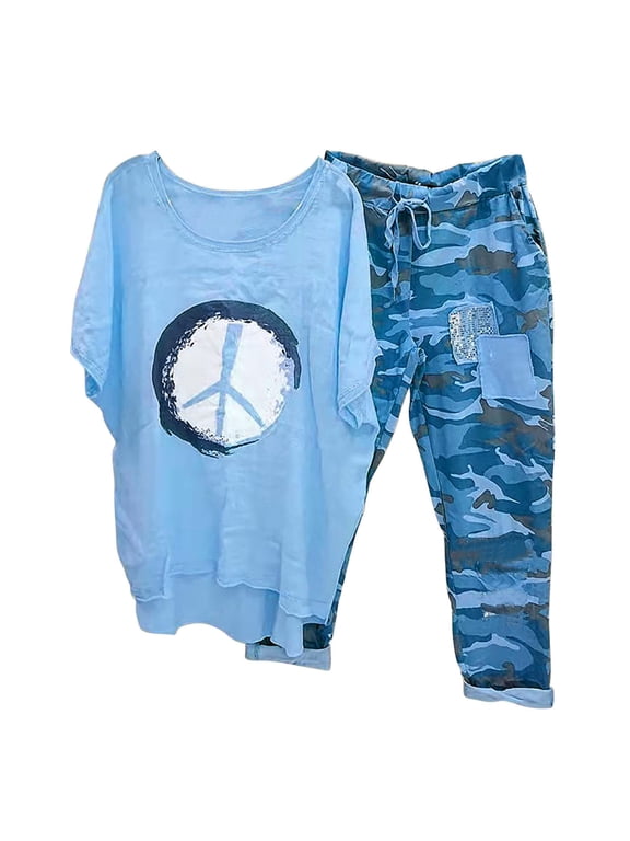 Dyegold 2 Piece Outfits For Women Summer Plus Size Half Sleeve Blouse And Shorts Set Comfy Camouflage Pants Tracksuit Set
