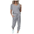 thumbnail image 1 of Dyegold 2 Piece Outfits For Women Summer Short Sleeve Crewneck Shirts Tops And Drawstring Long Pants Tracksuit Jogger Set, 1 of 6