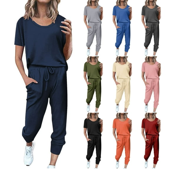 Dyegold 2 Piece Outfits For Women Summer Short Sleeve Crewneck Shirts Tops And Drawstring Long Pants Tracksuit Jogger Set