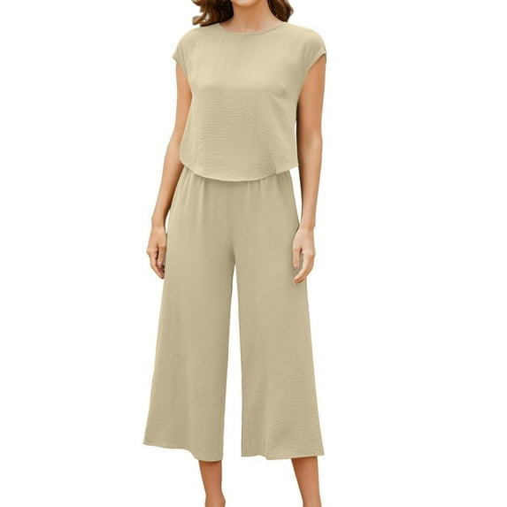 Dyegold 2 Piece Outfits For Women Summer Sleeveless V-Neck Button Tank Top Flowy Wide Leg Pants Matching Lounge Set Jumpsuit