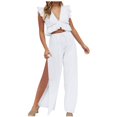 thumbnail image 1 of Dyegold 2 Piece Outfits for Women Deep V Neck Crop Top Side Slit Drawstring Wide Leg Pants Set Jumpsuits Summer Beach Suits, 1 of 5