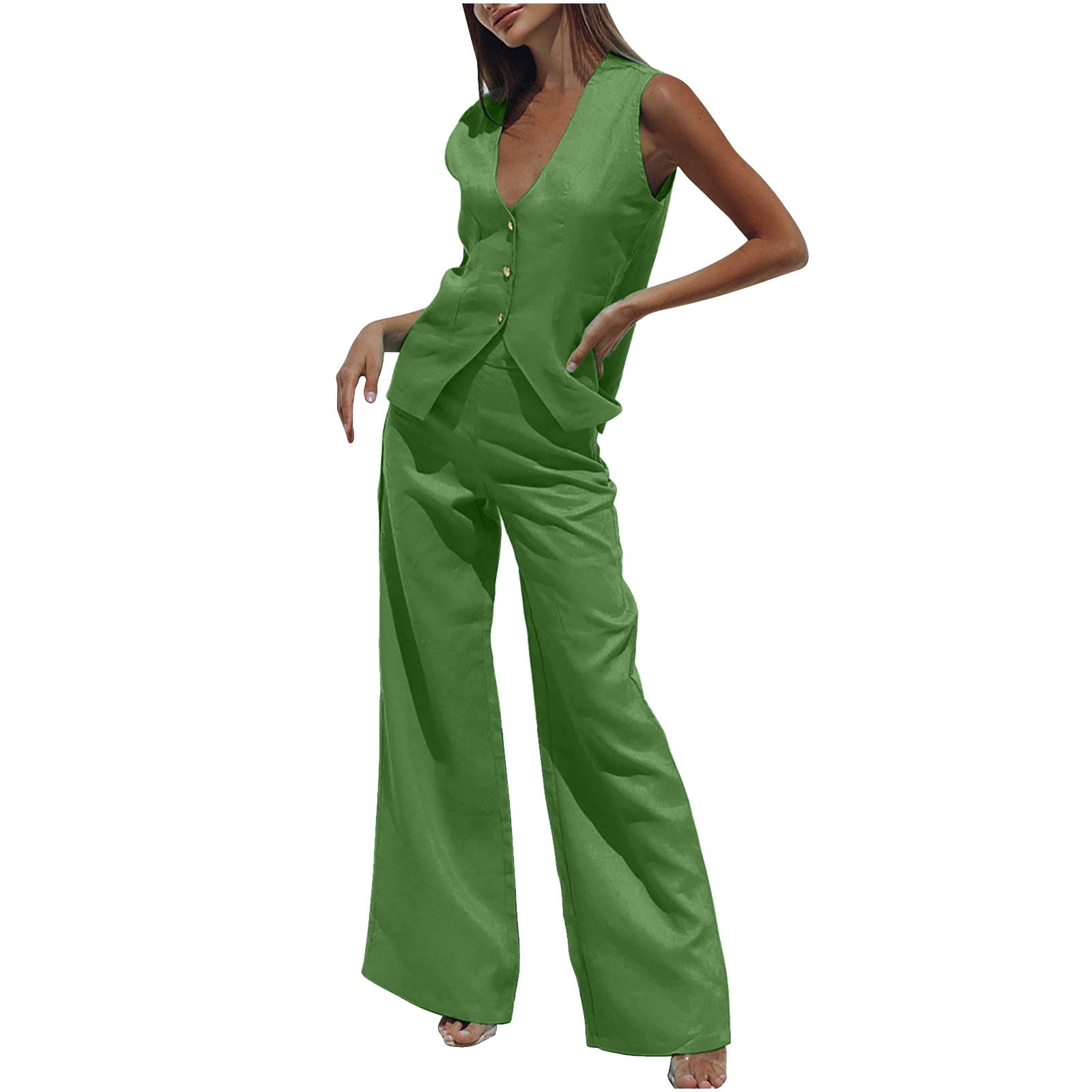Dyegold 2 Piece Outfits for Women Deep V Neck Crop Top Side Slit
