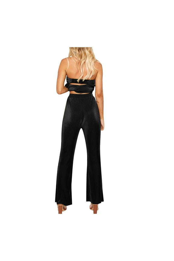 2 Piece Outfits for Women Deep V Neck Crop Top Side Slit Drawstring Wide Leg Pants Set Jumpsuits Summer Beach Suits