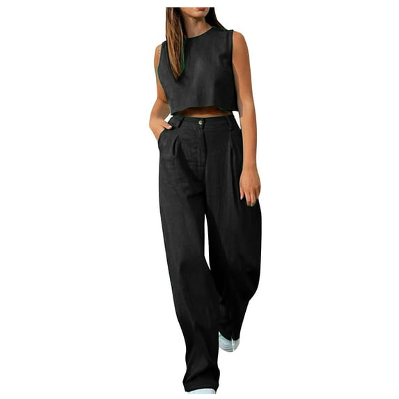 Dyegold 2 Piece Outfits for Women Deep V Neck Crop Top Side Slit Drawstring Wide Leg Pants Set Jumpsuits Summer Beach Suits