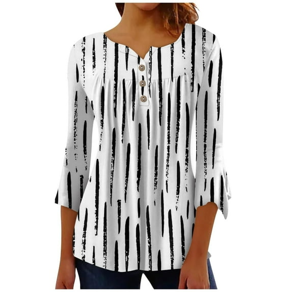 Dyegold 3/4 Length Sleeve Pleated Tops For Women Fall Fashion 2023 Button Up V Neck Dressy Casual Tunic Shirts Loose Blouse