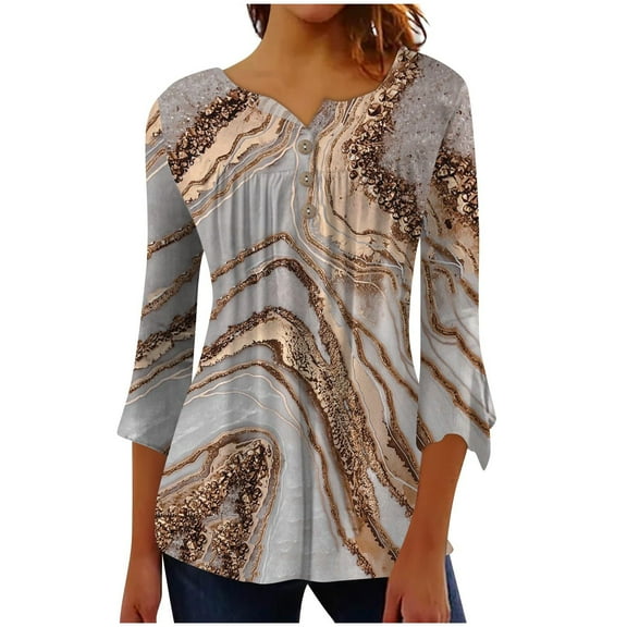 Dyegold 3/4 Length Sleeve Pleated Tops For Women Fall Fashion 2023 Button Up V Neck Dressy Casual Tunic Shirts Loose Blouse