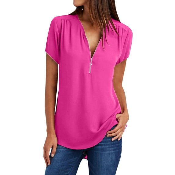 Dyegold 3/4 Roll Sleeve Women Tops Dressy Casual Plus Size Flowy Business Zip Up Trendy T-Shirt Shirts Solid Chiffon Tunics Top Plus Size for Women V Neck Fall Female Blouse Long Sleeve