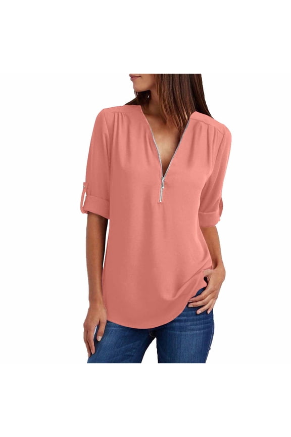 Dyegold 3/4 Roll Sleeve Women Tops Dressy Casual Plus Size Flowy Business Zip Up Trendy T-Shirt Shirts Solid Chiffon Tunics Top Plus Size for Women V Neck Fall Female Blouse Long Sleeve