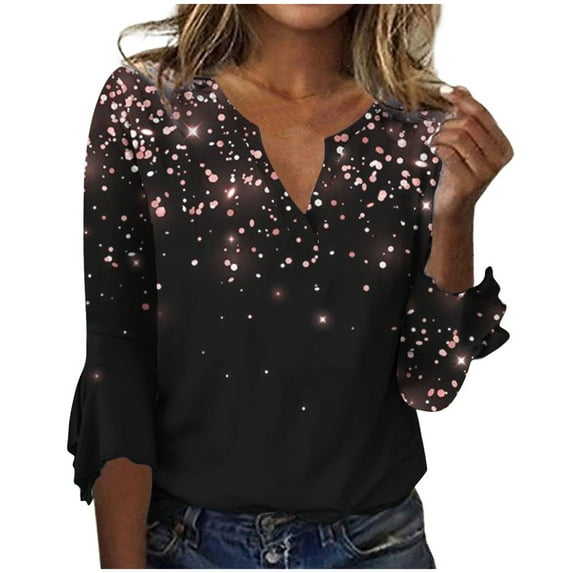 Dyegold 3/4 Sleeve Shirts For Women Floral Print V Neck Dressy Casual Tunic Tops Vintage Casual Loose Half Sleeve Blouses