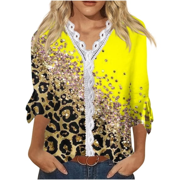 Dyegold Blouses For Women Dressy Casual 3/4 Flare Sleeve Lace Trim V Neck Floral Print Vintage Tunic Tops Loose Fit Shirts