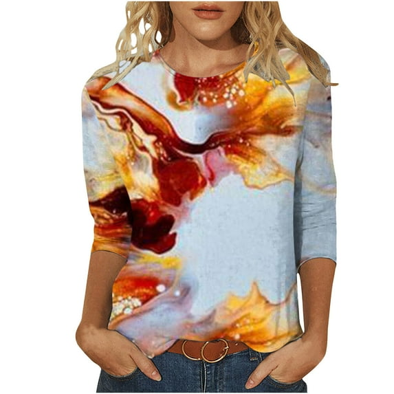 Dyegold 3/4 Sleeve Tops For Women Summer Round Neck Dressy Casual Vintage Floral Print Shirts Plus Size Trendy Blouses Tunic