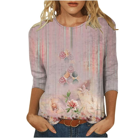 Dyegold 3/4 Sleeve Tops For Women Summer Round Neck Dressy Casual Vintage Floral Print Shirts Plus Size Trendy Blouses Tunic