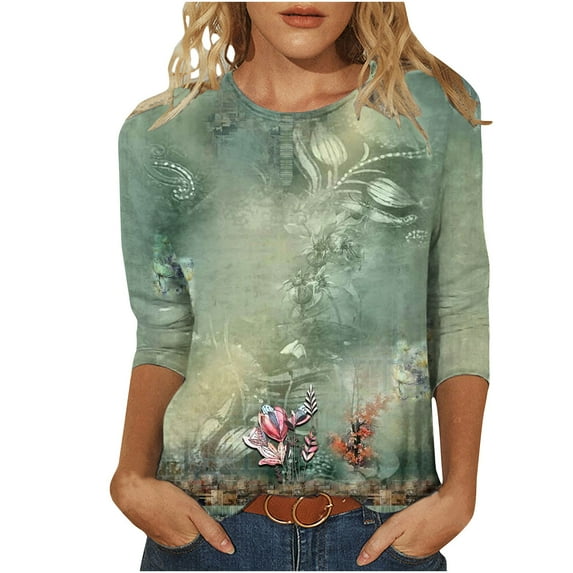 Dyegold 3/4 Sleeve Tops For Women Summer Round Neck Dressy Casual Vintage Floral Print Shirts Plus Size Trendy Blouses Tunic