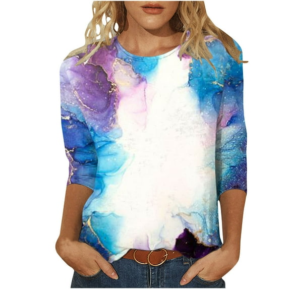 Dyegold 3/4 Sleeve Tops For Women Summer Round Neck Dressy Casual Vintage Floral Print Shirts Plus Size Trendy Blouses Tunic