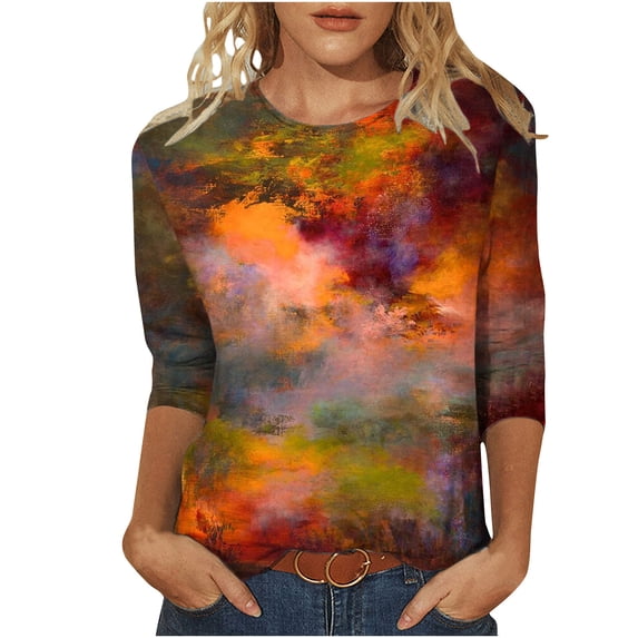 Dyegold 3/4 Sleeve Tops For Women Summer Round Neck Dressy Casual Vintage Floral Print Shirts Plus Size Trendy Blouses Tunic