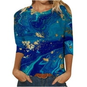 USSUMA Dyegold 3/4 Sleeve Women Tops Dressy Casual Comfy Loose Cute Trendy T-Shirt Shirts Floral Printed Tunics Top Plus Size for Women Round Neck Fall Female Blouse Long Sleeve