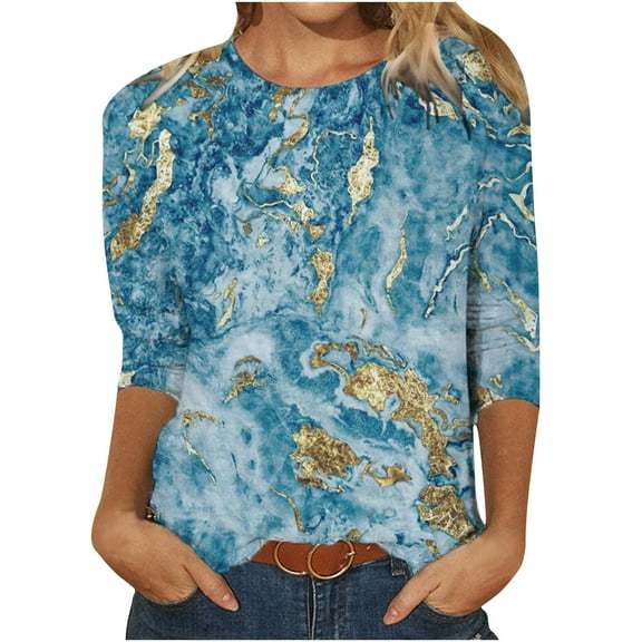 Dyegold 3/4 Sleeve Women Tops Dressy Casual Comfy Loose Cute Trendy T-Shirt Shirts Floral Printed Tunics Top Plus Size for Women Round Neck Fall Female Blouse Long Sleeve