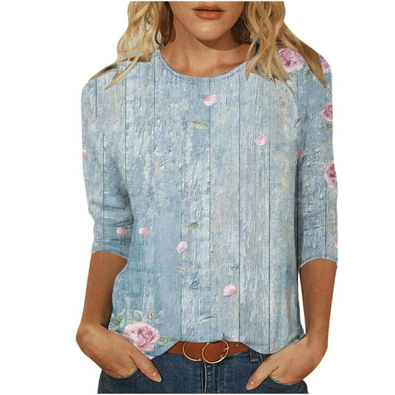 Dyegold 3/4 Sleeve Women Tops Dressy Casual Comfy Loose Cute Trendy T-Shirt Shirts Floral Printed Tunics Top Plus Size for Women Round Neck Fall Female Blouse Long Sleeve