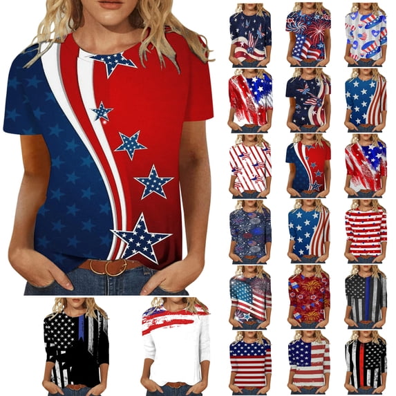 Dyegold American Flag Shirt Women Short Sleeve Round Neck 4th Of July Tops Summer Casual Loose Usa Patriotic Shirts Tee