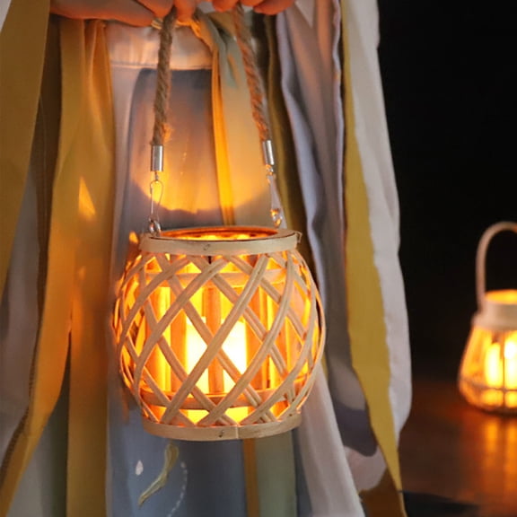 Dyegold Bamboo Lantern Light with Warm Yellow LED Battery Operated for Outdoor Table Hanging Garden Patio Yard Decorative Lamp Rustic Style