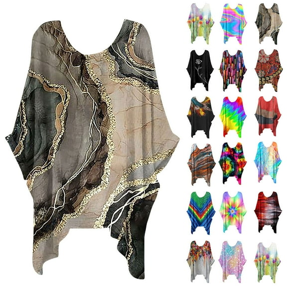 Dyegold Bell Sleeve Tops For Women Fashion Summer Irregular Hem Blouses Oversized Round Neck Printed Shirts Boho Cape Tops