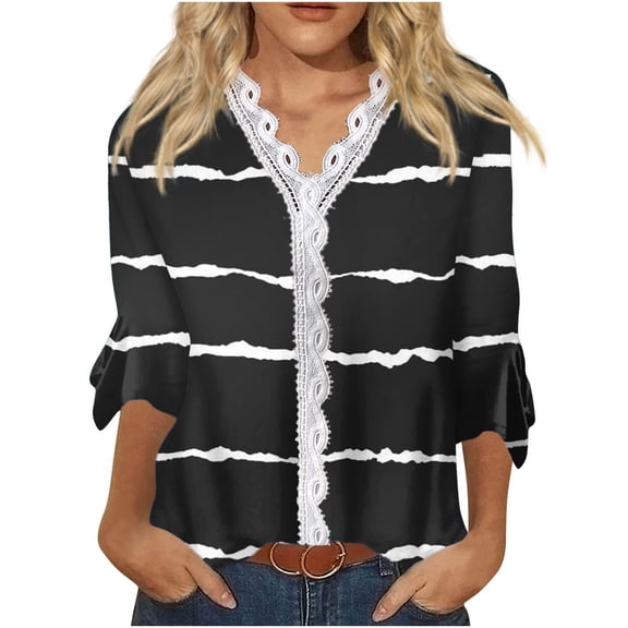 Dyegold Blouses For Women Dressy Casual 3/4 Flare Sleeve Lace Trim V Neck Floral Print Vintage Tunic Tops Loose Fit Shirts