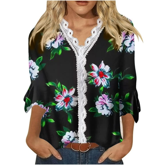Dyegold Blouses For Women Dressy Casual 3/4 Flare Sleeve Lace Trim V Neck Floral Print Vintage Tunic Tops Loose Fit Shirts