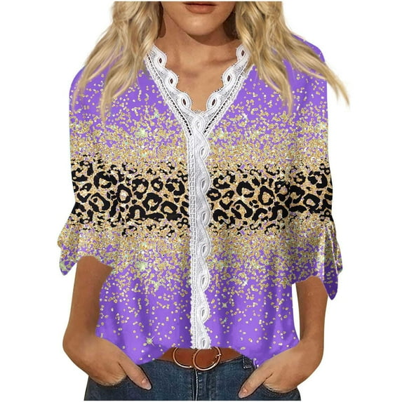 Dyegold Blouses For Women Dressy Casual 3/4 Flare Sleeve Lace Trim V Neck Floral Print Vintage Tunic Tops Loose Fit Shirts