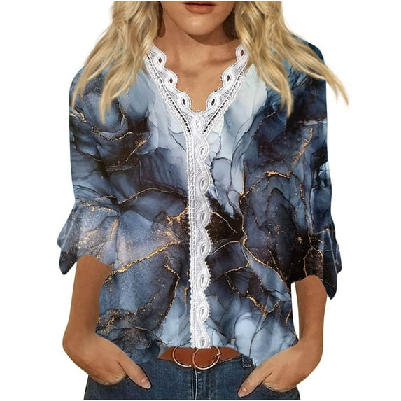 Dyegold Blouses For Women Dressy Casual 3/4 Flare Sleeve Lace Trim V Neck Floral Print Vintage Tunic Tops Loose Fit Shirts