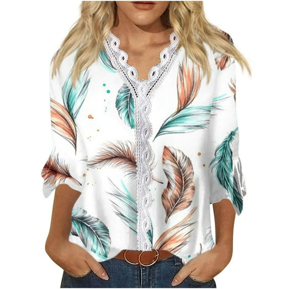 Dyegold Blouses For Women Dressy Casual 3/4 Flare Sleeve Lace Trim V Neck Floral Print Vintage Tunic Tops Loose Fit Shirts