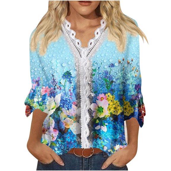 Dyegold Blouses For Women Dressy Casual 3/4 Flare Sleeve Lace Trim V Neck Floral Print Vintage Tunic Tops Loose Fit Shirts