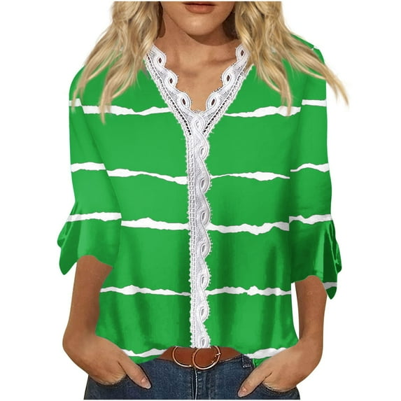 Dyegold Blouses For Women Dressy Casual 3/4 Flare Sleeve Lace Trim V Neck Floral Print Vintage Tunic Tops Loose Fit Shirts