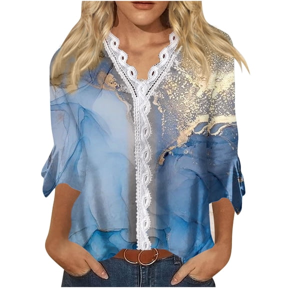 Dyegold Blouses For Women Dressy Casual 3/4 Flare Sleeve Lace Trim V Neck Floral Print Vintage Tunic Tops Loose Fit Shirts