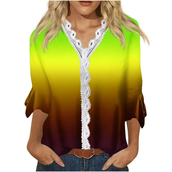 Dyegold Blouses For Women Dressy Casual 3/4 Flare Sleeve Lace Trim V Neck Floral Print Vintage Tunic Tops Loose Fit Shirts