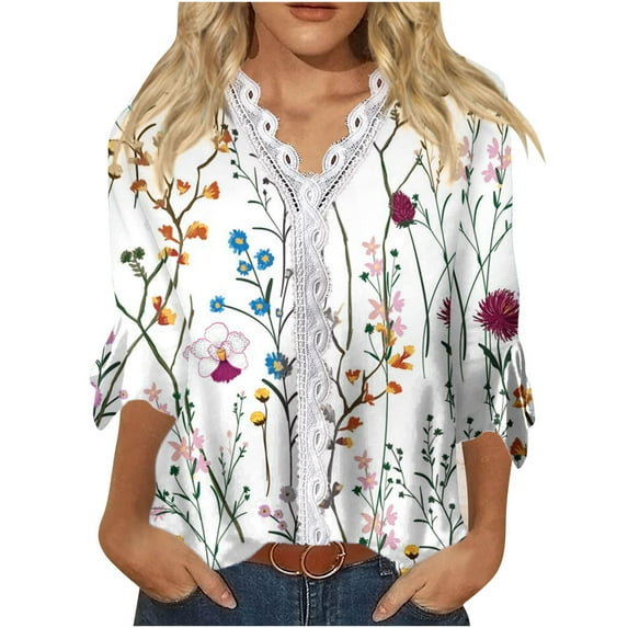 Dyegold Blouses For Women Dressy Casual 3/4 Flare Sleeve Lace Trim V Neck Floral Print Vintage Tunic Tops Loose Fit Shirts