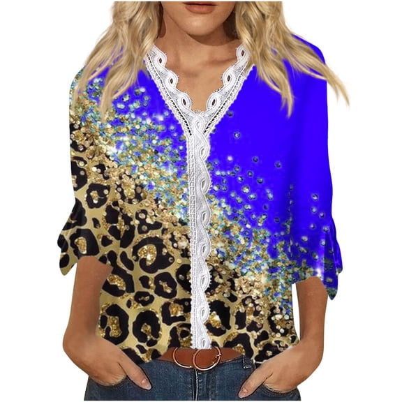 Dyegold Blouses For Women Dressy Casual 3/4 Flare Sleeve Lace Trim V Neck Floral Print Vintage Tunic Tops Loose Fit Shirts
