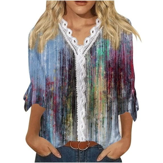 Dyegold Blouses For Women Dressy Casual 3/4 Flare Sleeve Lace Trim V Neck Floral Print Vintage Tunic Tops Loose Fit Shirts