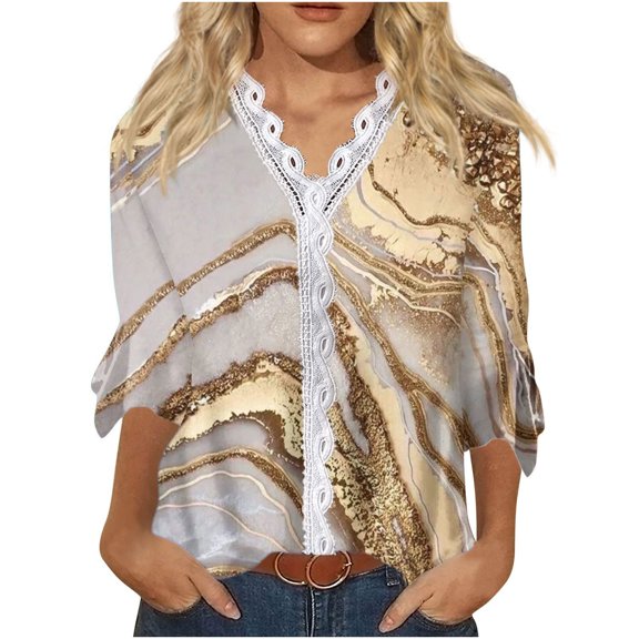 Dyegold Blouses For Women Dressy Casual 3/4 Flare Sleeve Lace Trim V Neck Floral Print Vintage Tunic Tops Loose Fit Shirts