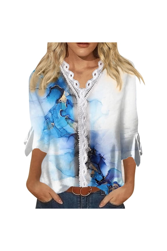 Dyegold Blouses For Women Dressy Casual 3/4 Flare Sleeve Lace Trim V Neck Floral Print Vintage Tunic Tops Loose Fit Shirts