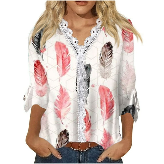 Dyegold Blouses For Women Dressy Casual 3/4 Flare Sleeve Lace Trim V Neck Floral Print Vintage Tunic Tops Loose Fit Shirts