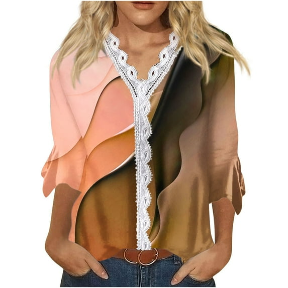 Dyegold Blouses For Women Dressy Casual 3/4 Flare Sleeve Lace Trim V Neck Floral Print Vintage Tunic Tops Loose Fit Shirts