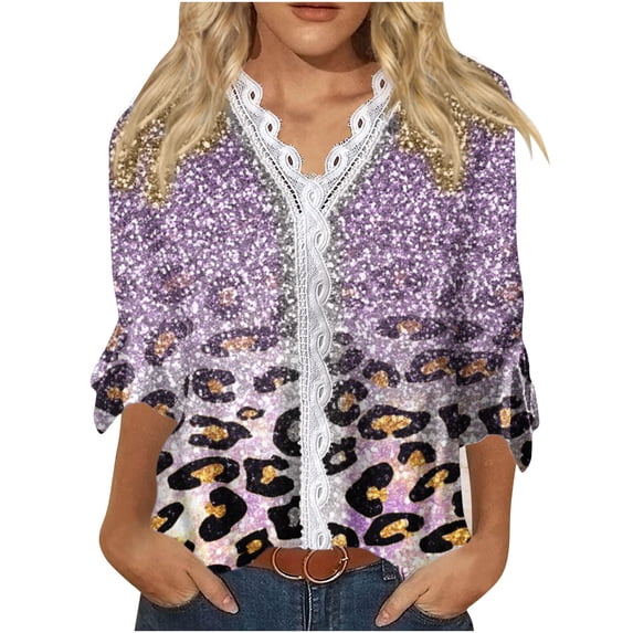 Dyegold Blouses For Women Dressy Casual 3/4 Flare Sleeve Lace Trim V Neck Floral Print Vintage Tunic Tops Loose Fit Shirts
